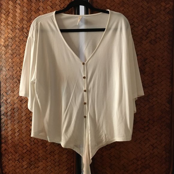 Wishlist Button Down Bamboo Semi Cropped Box Sleeve Front Tie Top - Picture 2 of 14